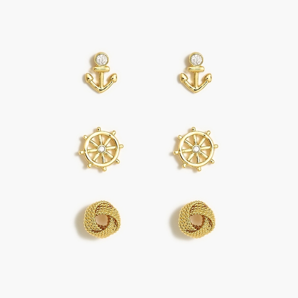 New! J. Crew Gold Nautical Anchor Wheel Knot Stud Earrings Set NWT